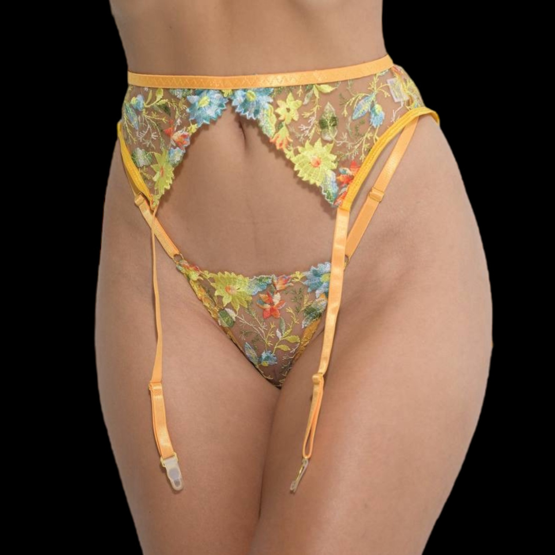 Yellow Floral Embroidered Lingerie Set