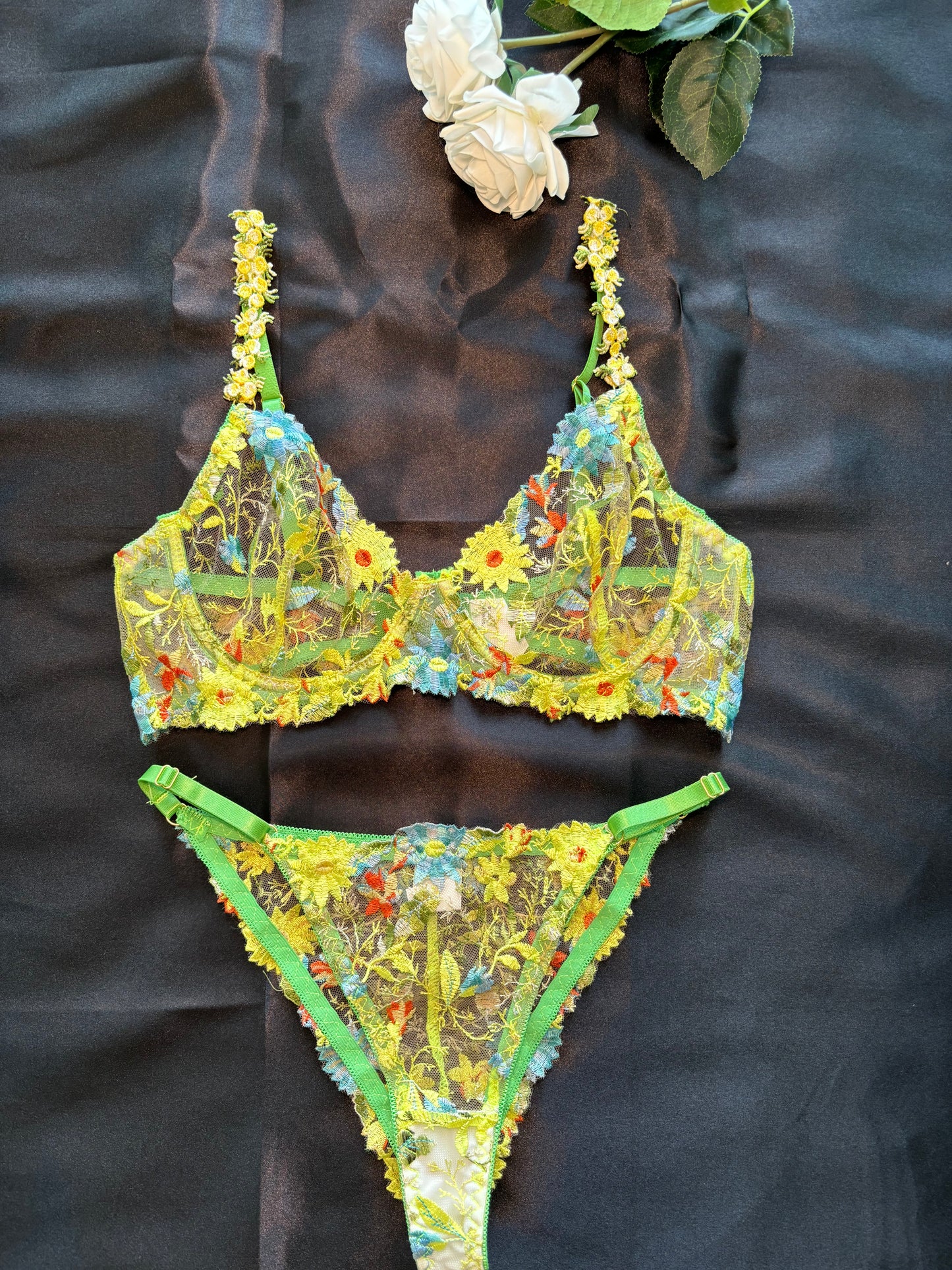 Vibrant Floral Embroidered Lingerie Set in Yellow and Green