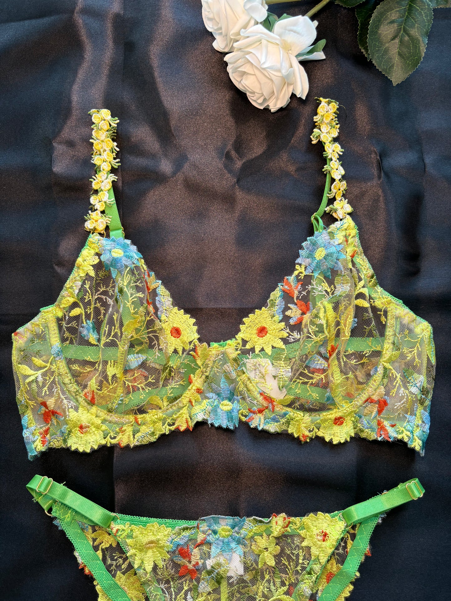 Vibrant Floral Embroidered Lingerie Set in Yellow and Green