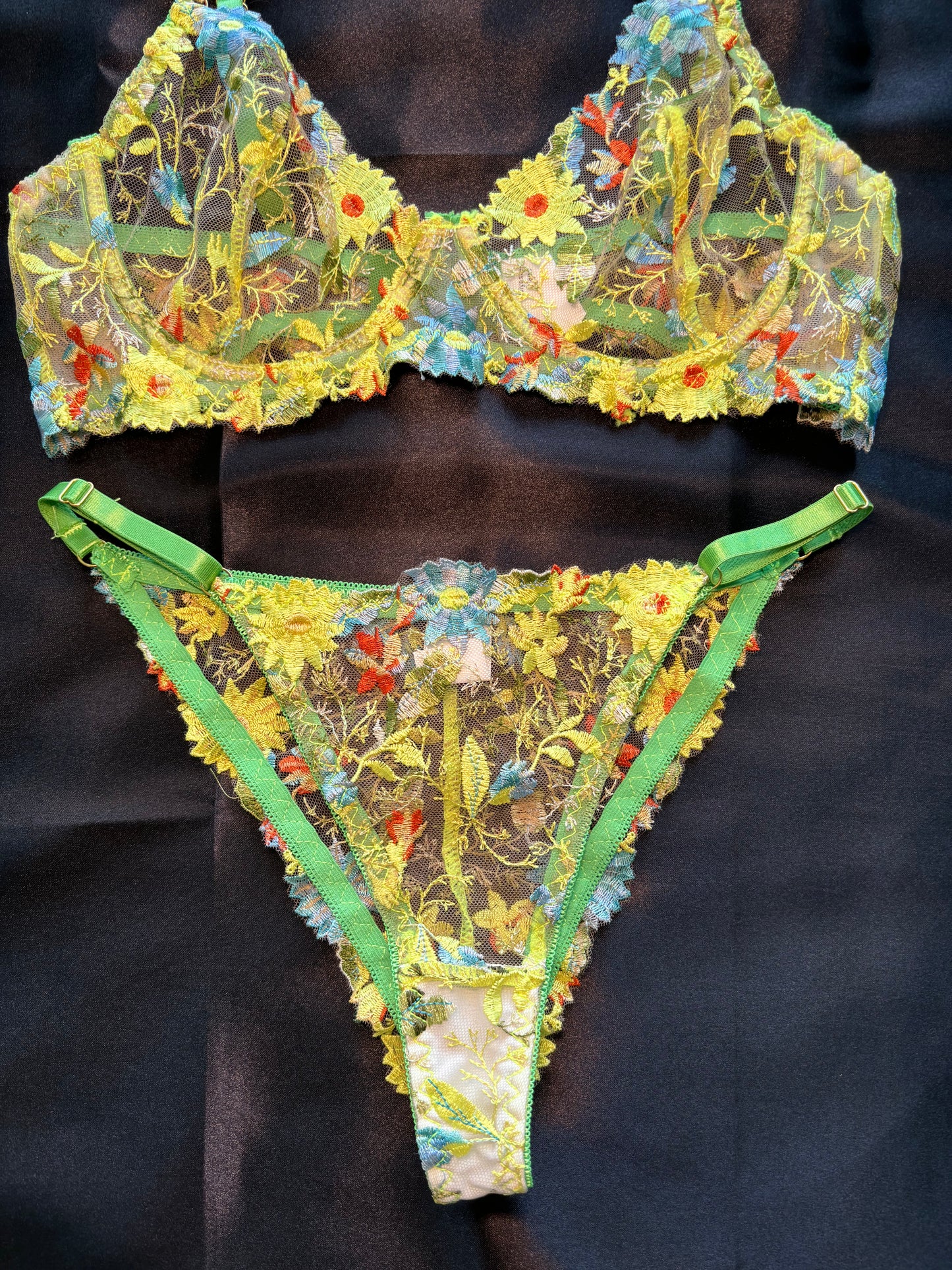 Vibrant Floral Embroidered Lingerie Set in Yellow and Green