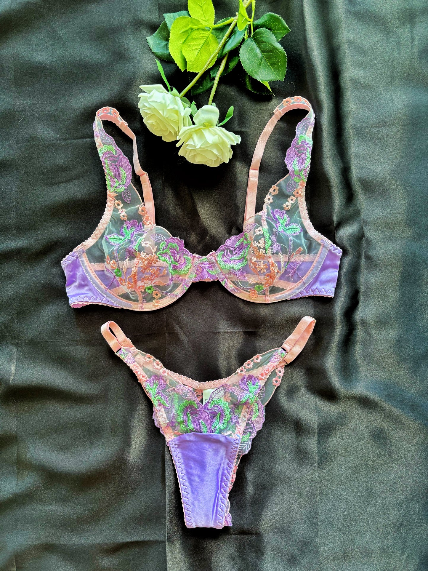 Pastel Floral Embroidered Sheer Lingerie Set