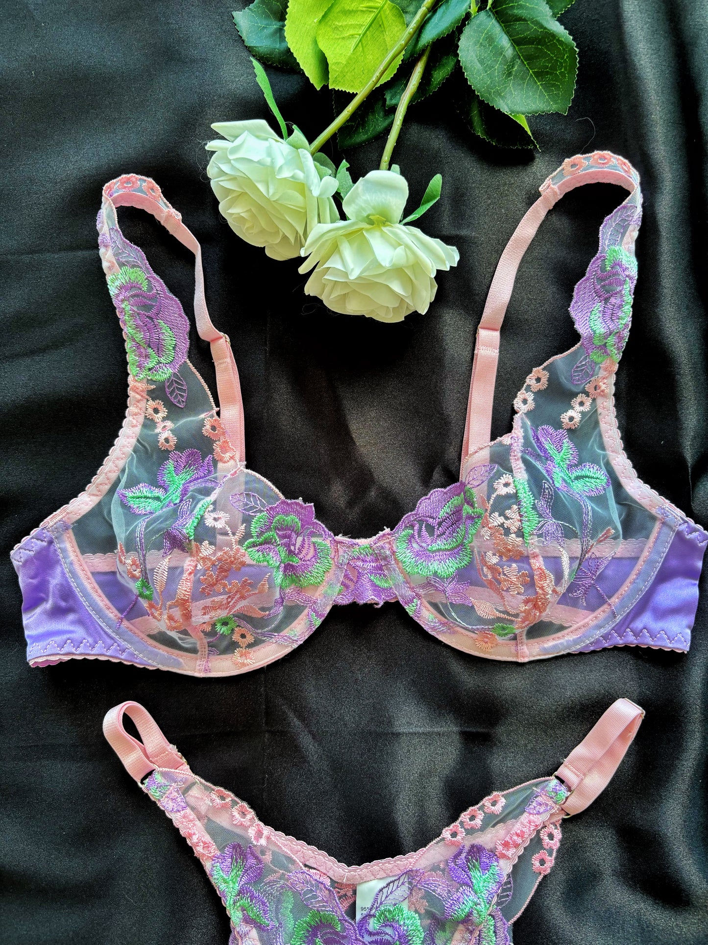 Pastel Floral Embroidered Sheer Lingerie Set