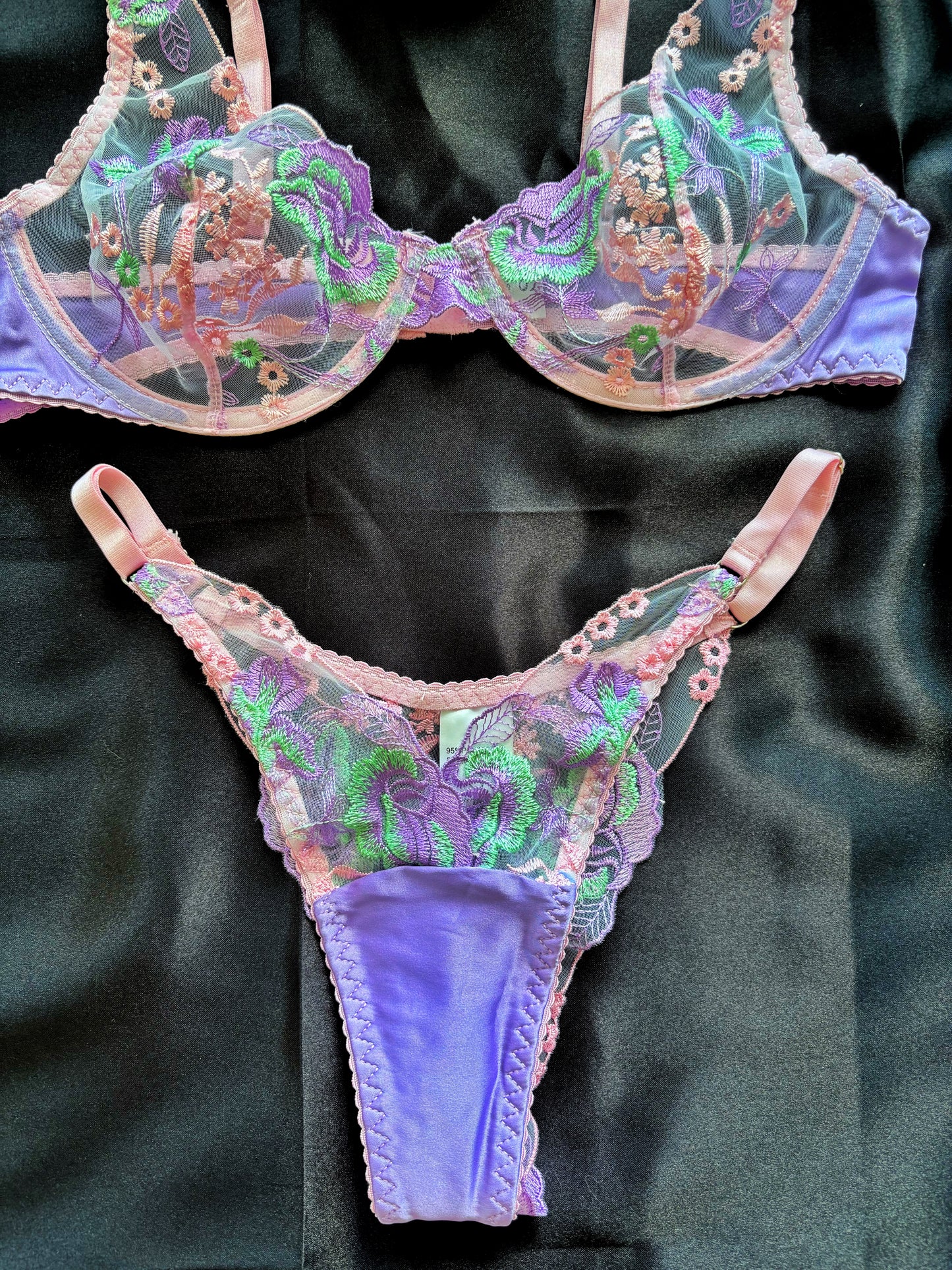 Pastel Floral Embroidered Sheer Lingerie Set