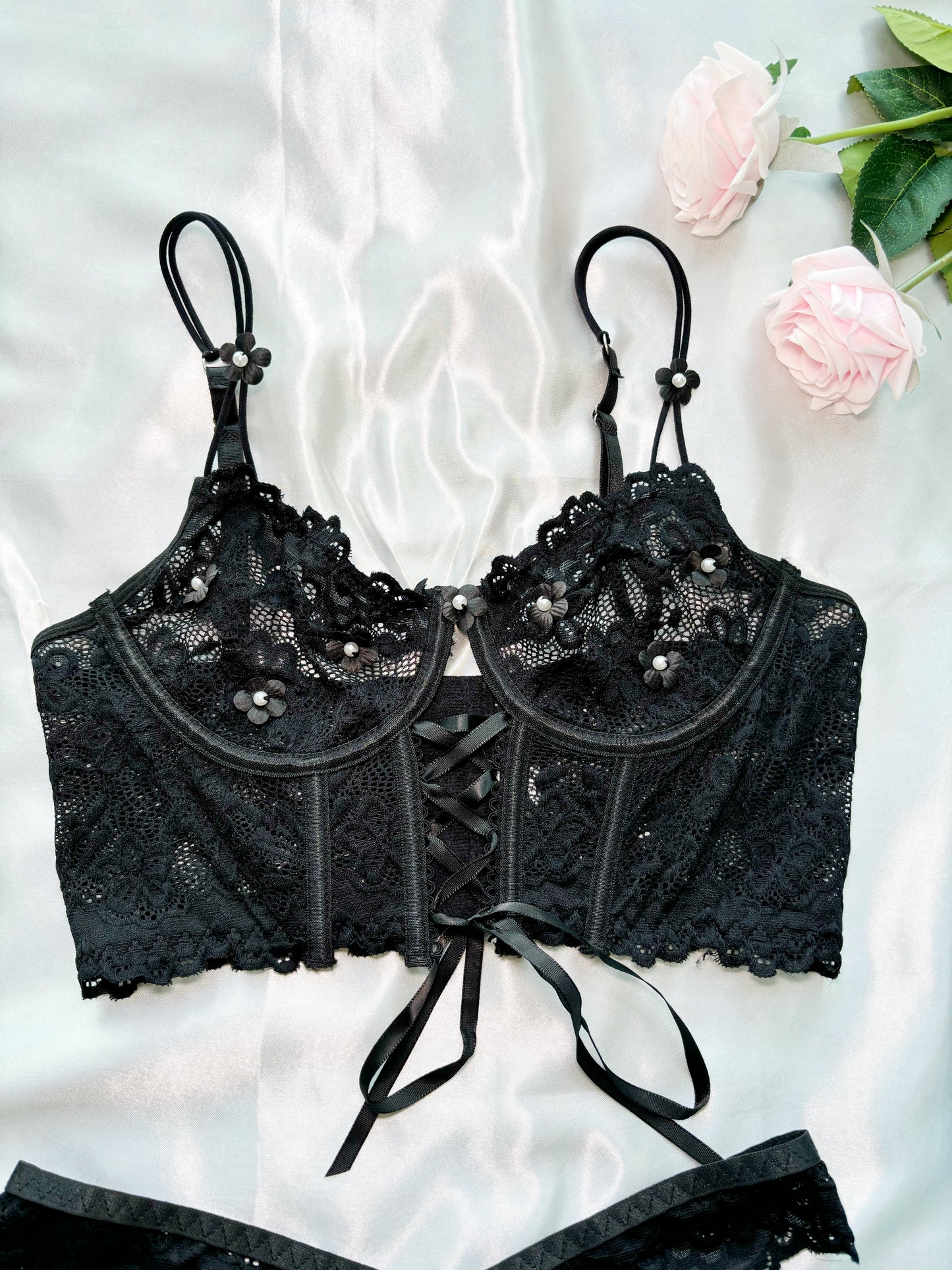 Black Lace Longline Lingerie Set with Floral Details