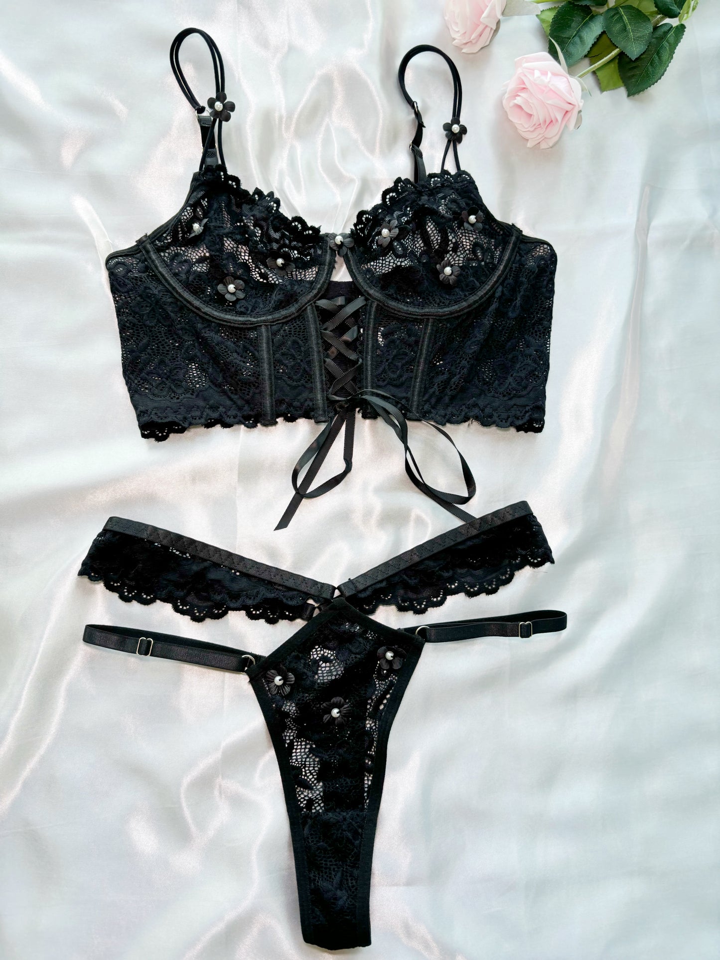 Black Lace Longline Lingerie Set with Floral Details