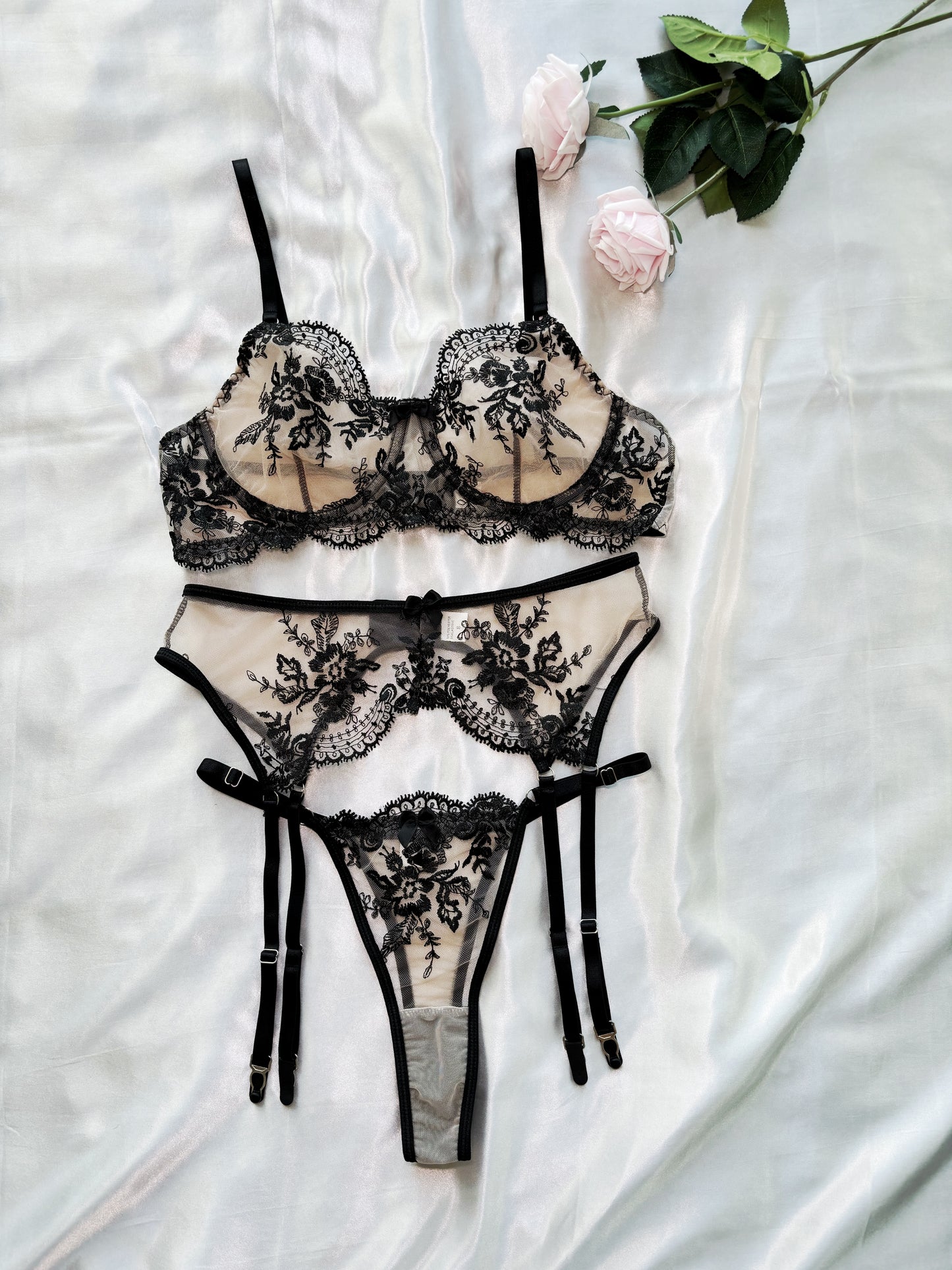 Delicate Floral Embroidered Lace Lingerie Set with Garter Straps