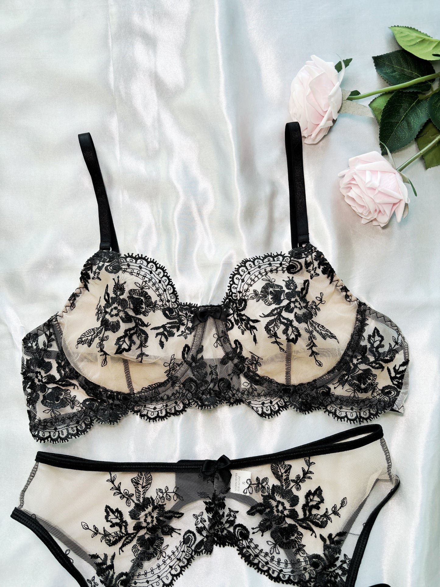 Delicate Floral Embroidered Lace Lingerie Set with Garter Straps