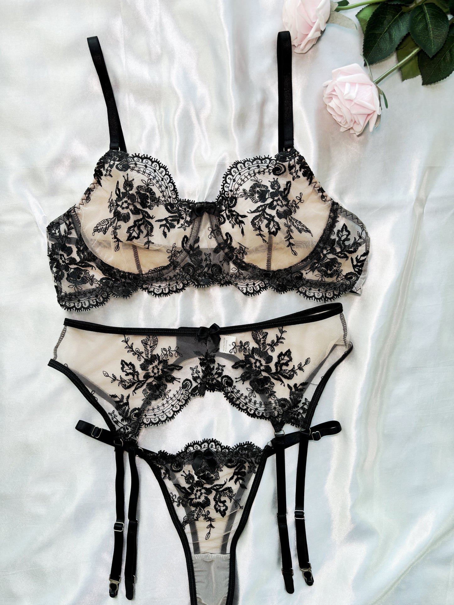 Delicate Floral Embroidered Lace Lingerie Set with Garter Straps