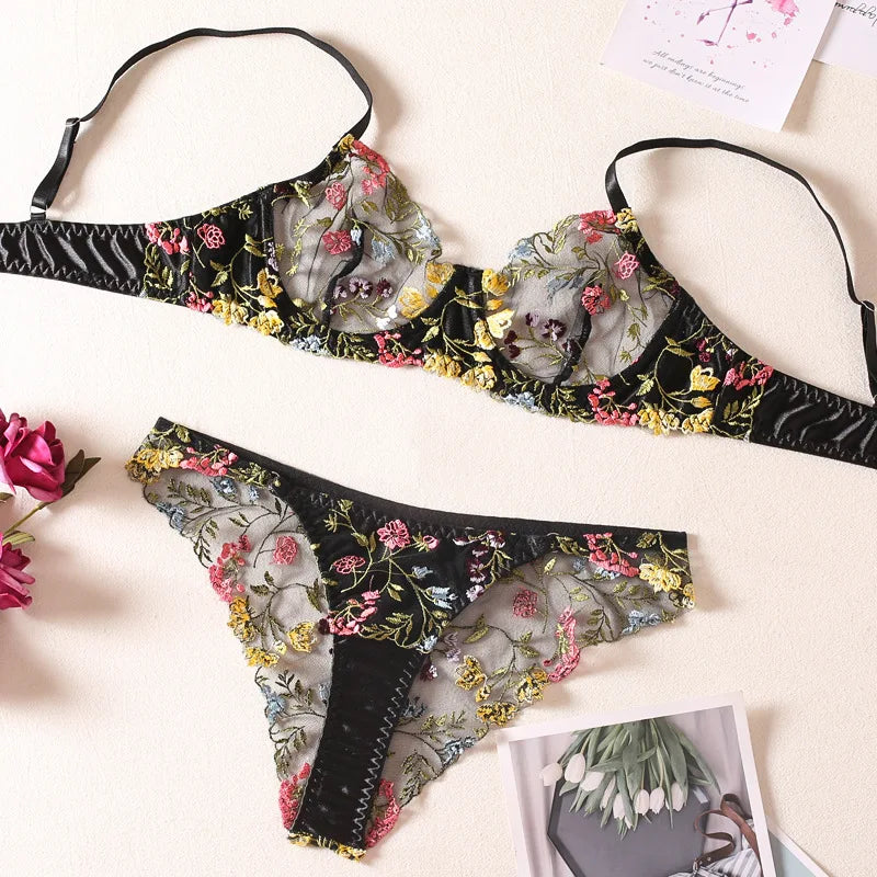 Elegant Black Floral Embroidered Lingerie Set