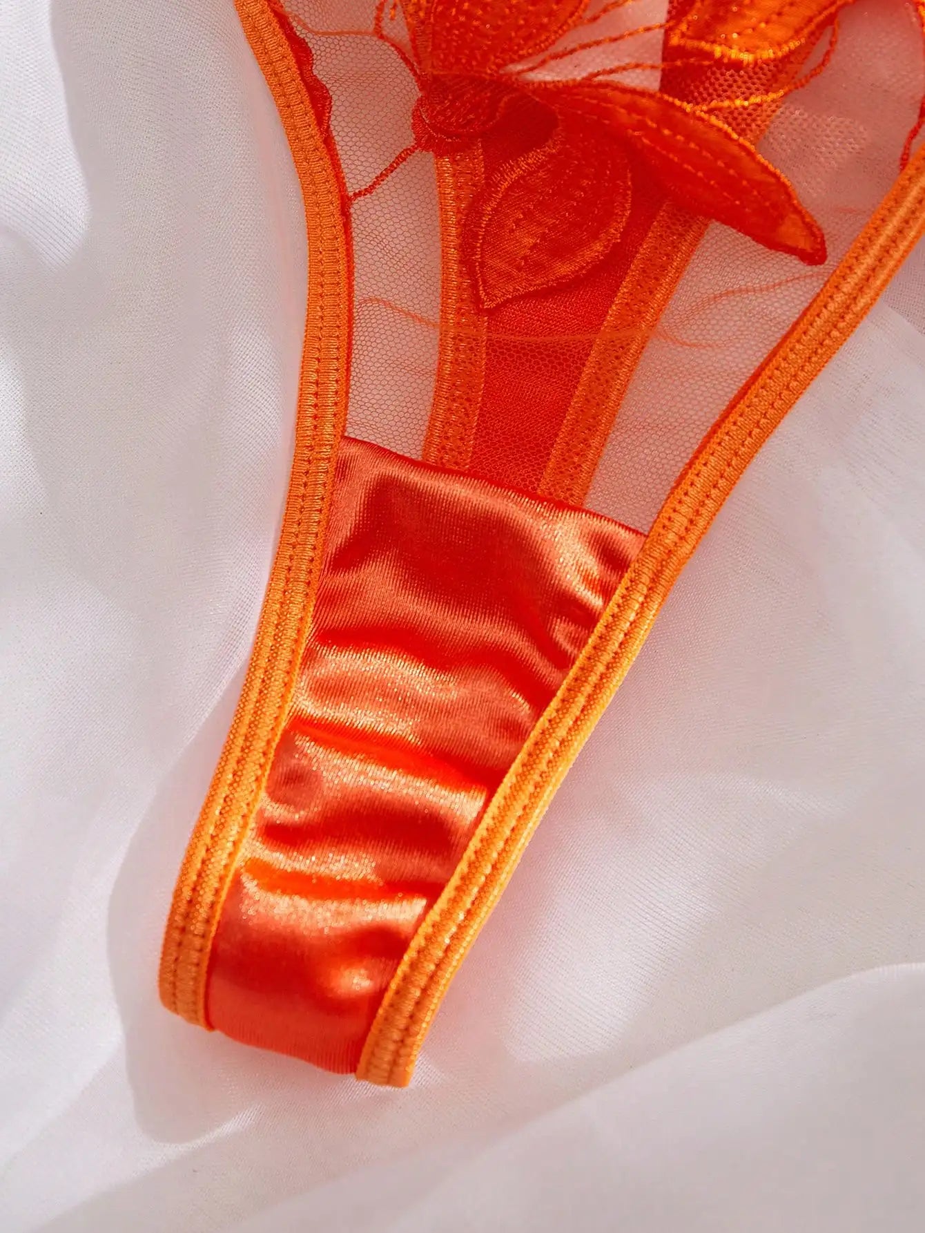 Vibrant Orange Satin Lingerie Set with Floral Embroidery